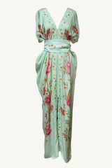 hand draped silk kaftan - aqua multi peonies