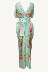 hand draped silk kaftan - aqua multi peonies