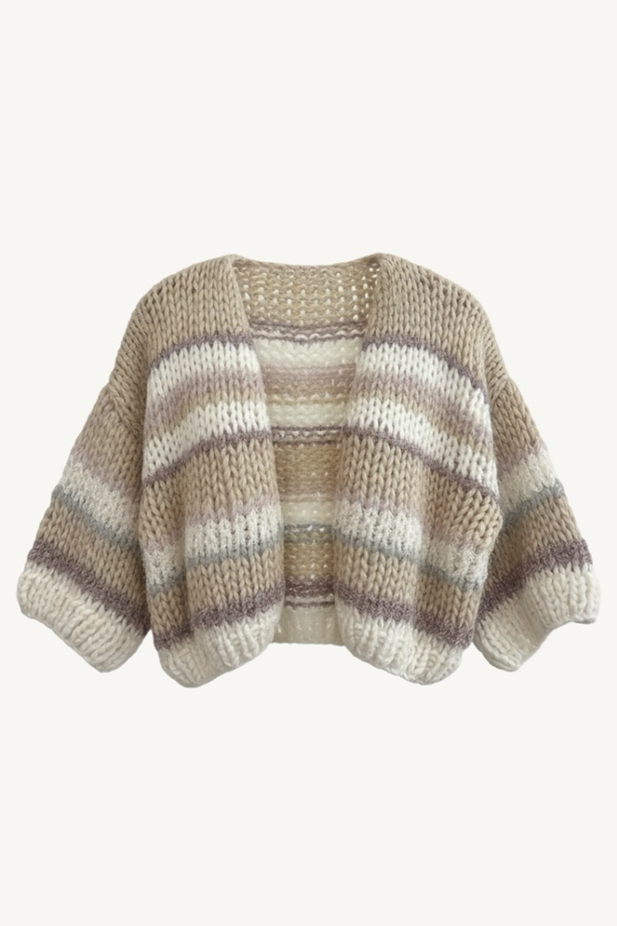 mixed stripe short sleeve cardigan - creme/beige