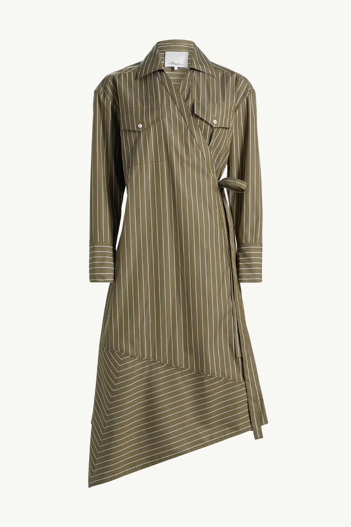 stripe poplin asymmetrical wrap dress - olive multi