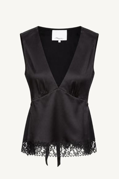 satin lace combo slvls top with waist tie - black