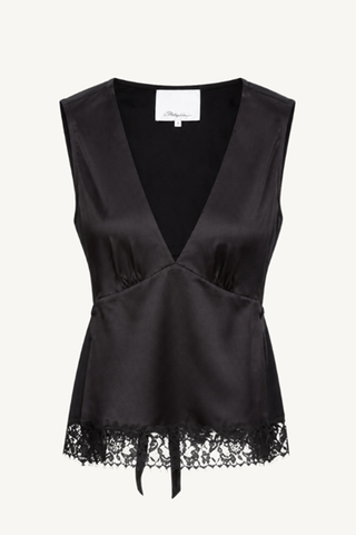 satin lace combo slvls top with waist tie - black