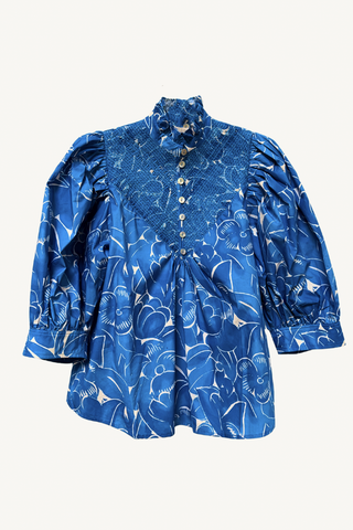 smocked shirt - blue line floral