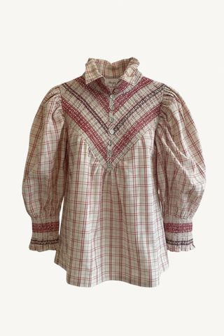 3/4 sleeve smocked shirt - tattersall stripe