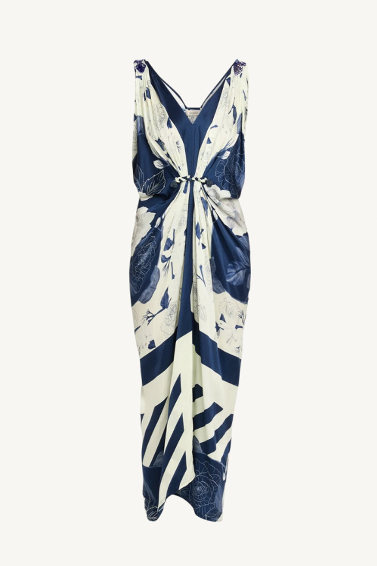 hand draped gown - ivory and navy roses