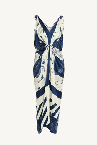 hand draped gown - ivory and navy roses